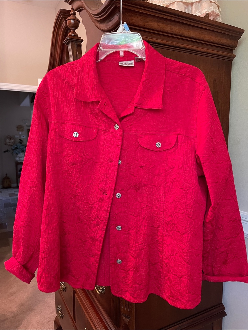 Chico's Vibrant Red Textured Button-Front Shirt Jacket